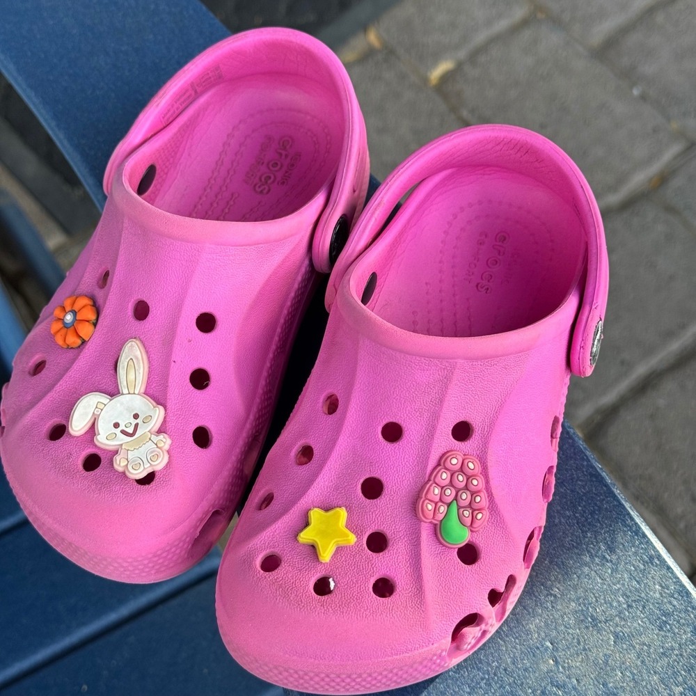 Crocs Kids Classic Clogs Pink Slip On Shoes with Charms Size C11